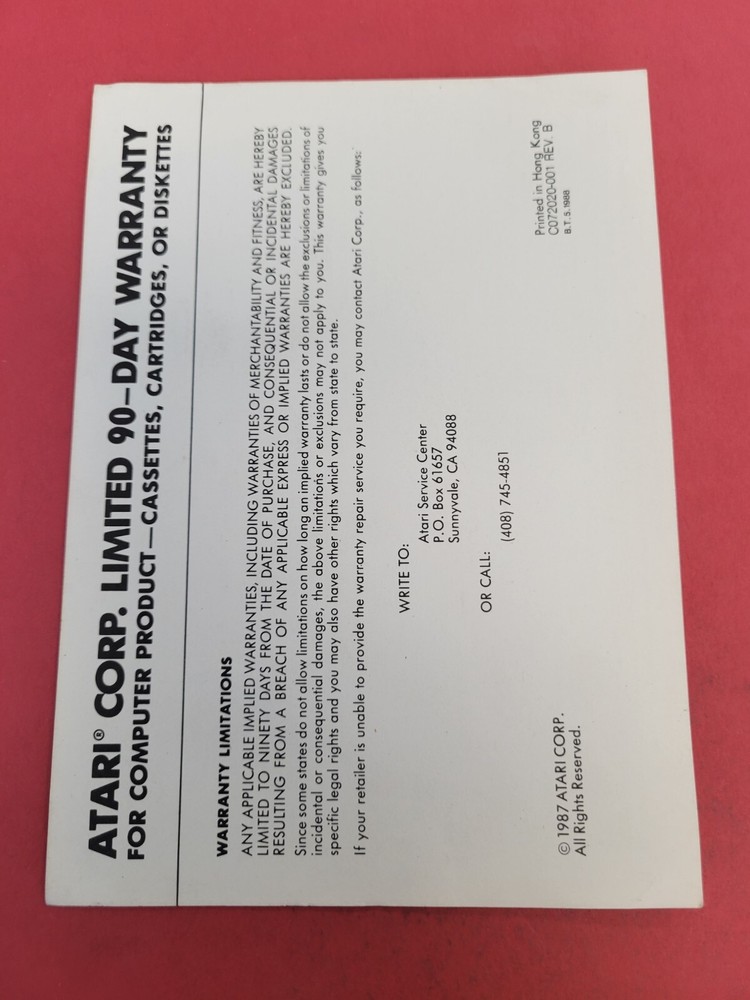 atari 90 day warranty insert