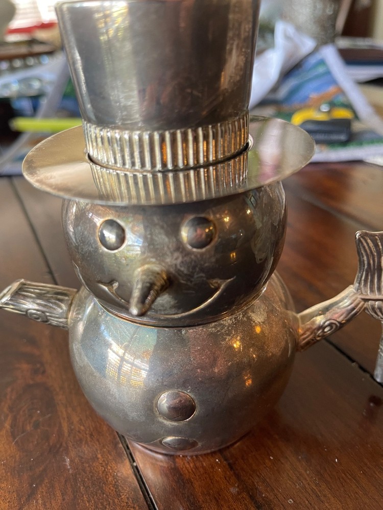 Snowman Creamer And Sugar 3 Piece Set Stackable Silver Plated Vintage