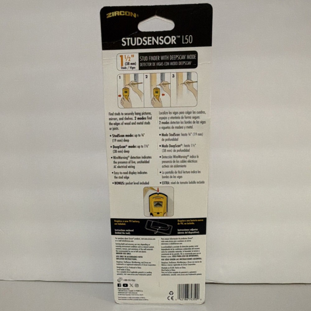 Zircon StudSensor L50 Electronic Stud Finder Wall Scanner Detector w/ Level NEW
