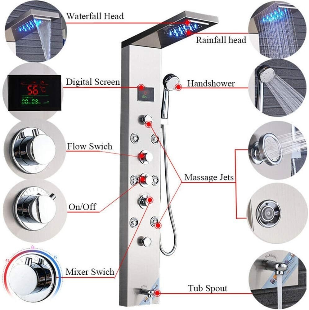 6-Function Brushed Nickel LED Shower Panel Tower System - Spa Experience at Home