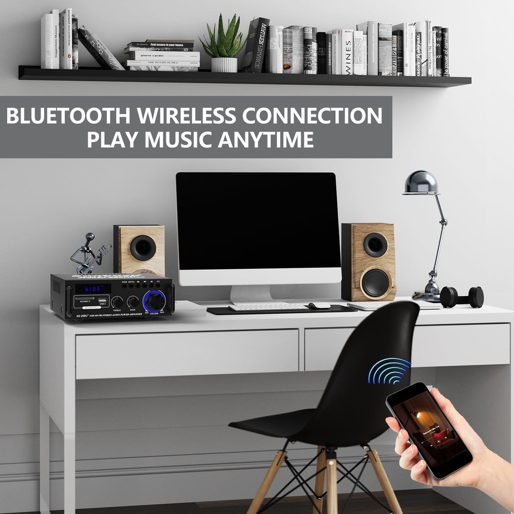 Sunbuck Small Stereo Amplifier, Receiver with Bluetooth, Black