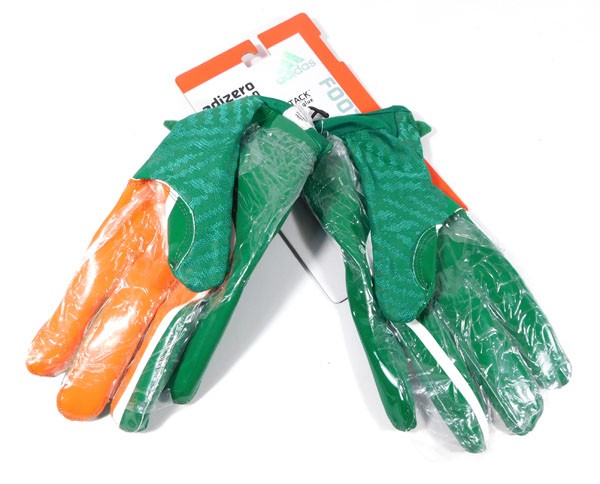 adidas 5 Miami Hurricanes Issued Miami Dipped Football Gloves Forest/Forest 3XL