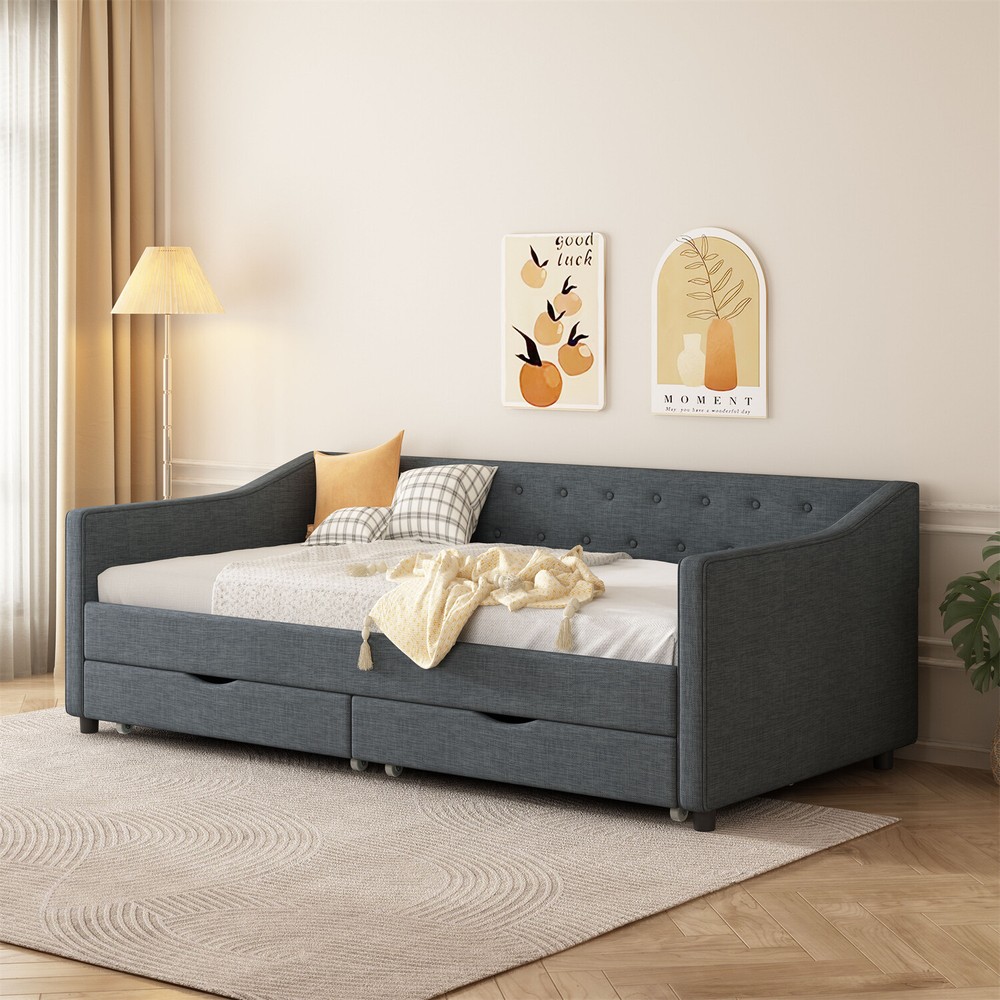 Twin Size Daybed Upholstered Bed Frame Sofa Bed with 2 Storage Drawer US