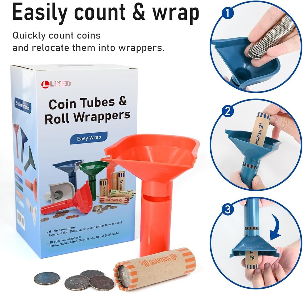 Complete Coin Sorting Solution: 30 Assorted Wrappers & 5 Sorting Tubes Included