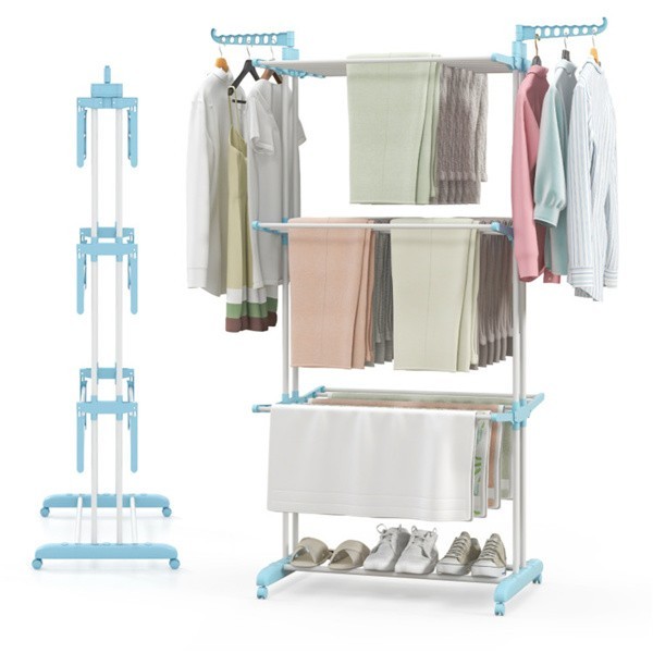 Blue 4-Tier Foldable Clothes Drying Rack with Wheels,