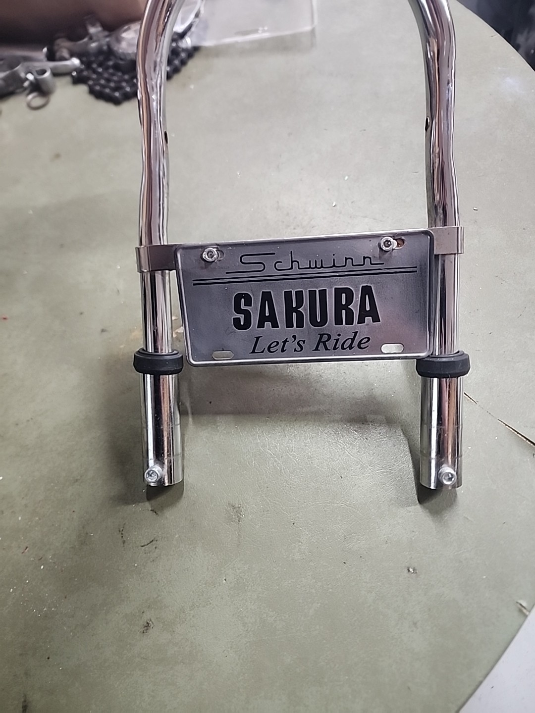 SCHWINN LIL STINGRAY TRICYCLE CHROME REAR SISSY BAR WITH PLATE NICE CHEAP L$$K