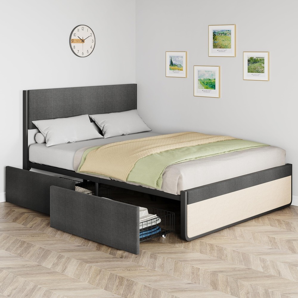 Full Size Bed Frame Headboard Platform Bed Frame Metal Slats Support & 2 Drawers