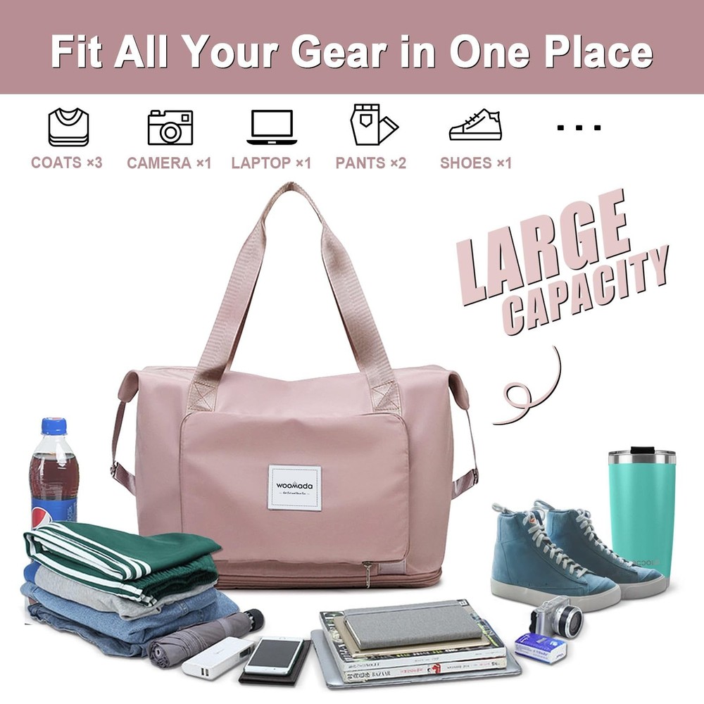WOOMADA Foldable Travel Duffel, Weekender & Carry-On Bag with Expandable Space
