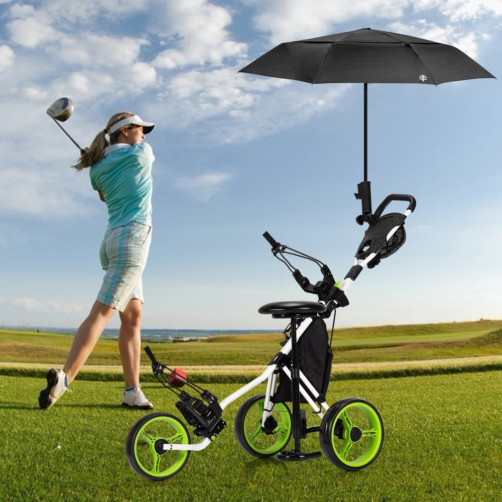 3-Wheel Foldable Golf Push Pull Cart Trolley w/ Seat Adjustable Handle Green