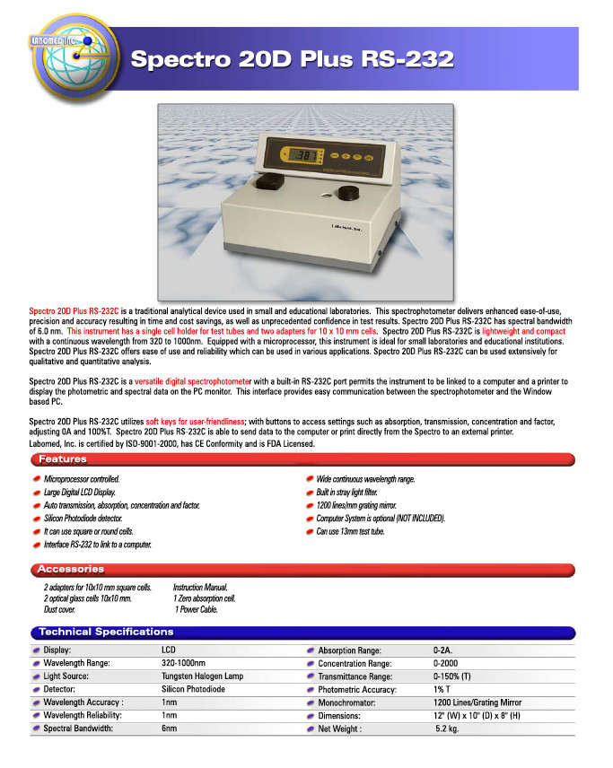 Labomed Sisible Spectrophotometer - Spectro 20D Plus