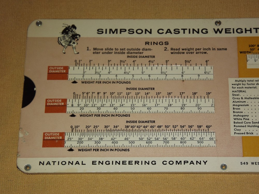 VINTAGE 1966 SIMPSON CASTING WEIGHT SLIDE CHART CALCULATOR