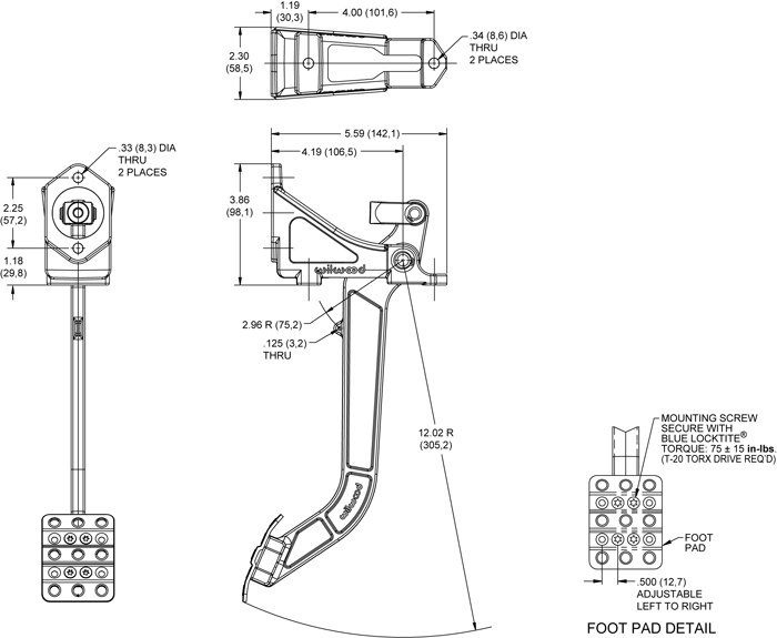 WILWOOD REVERSE SWING MOUNT ADJUSTABLE CLUTCH OR BRAKE PEDAL ASSEMBLY,LONG,6:1
