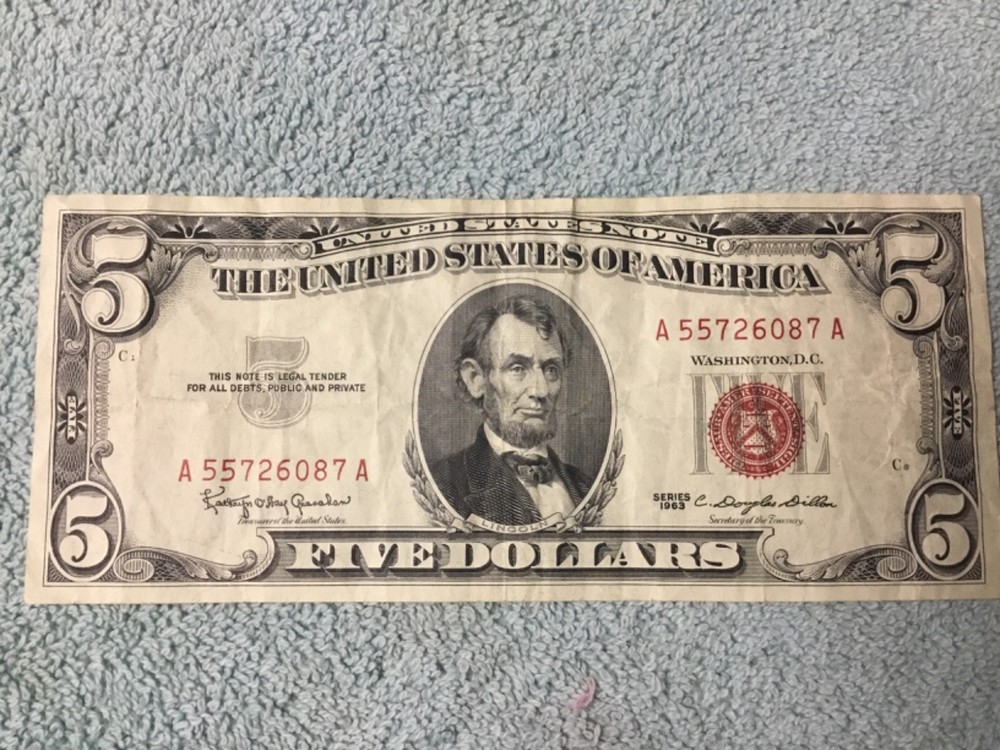1963 $5 Five Dollar Red Seal US Note Granaham Dillon