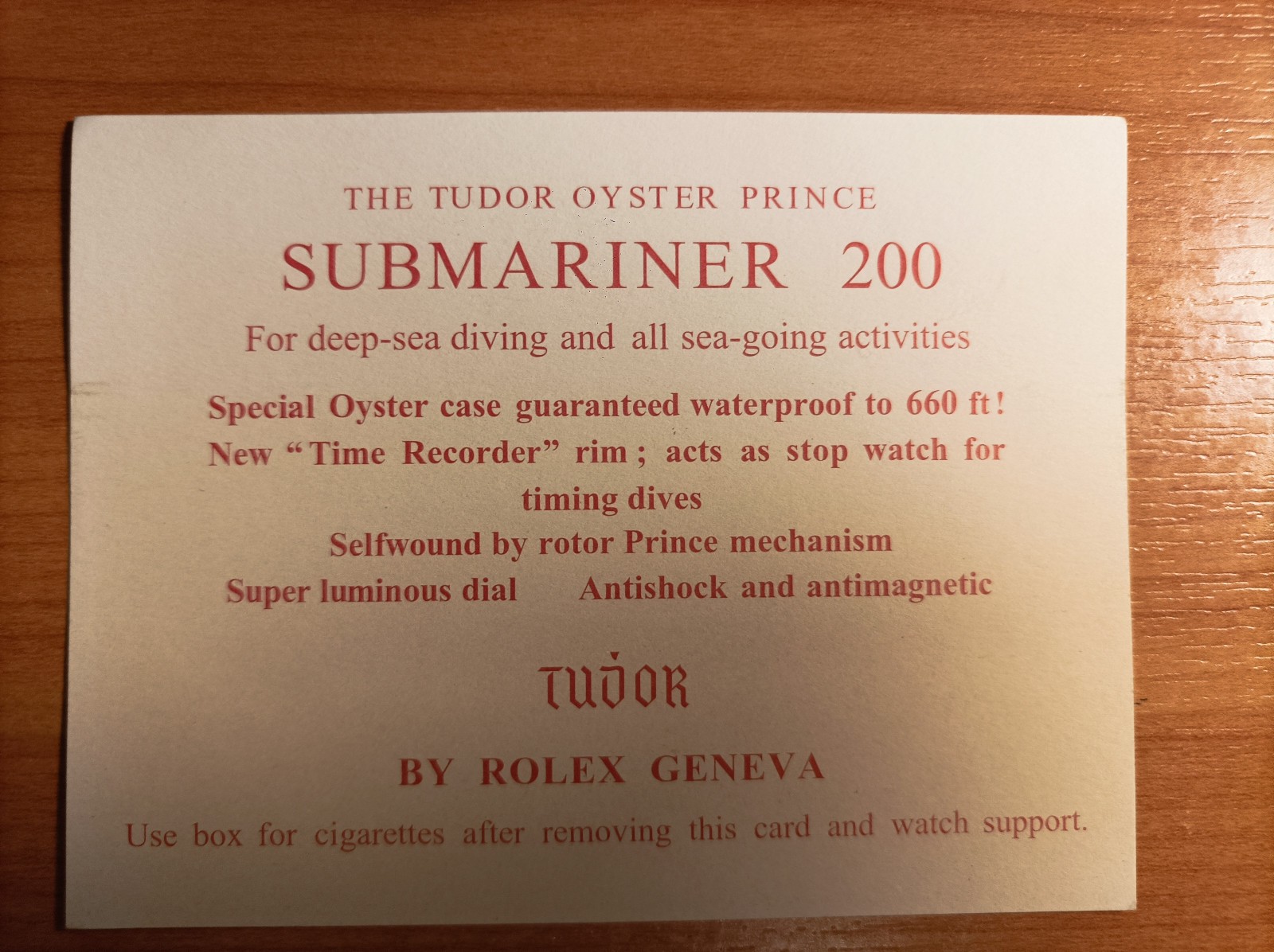 Rolex Tudor Submariner red Cigarettes Card Box-Inlet english about 70s