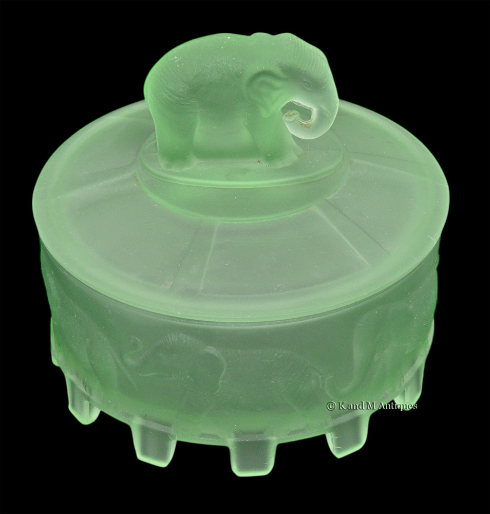L. E. Smith Elephant Carousel Green Satin Powder Jar