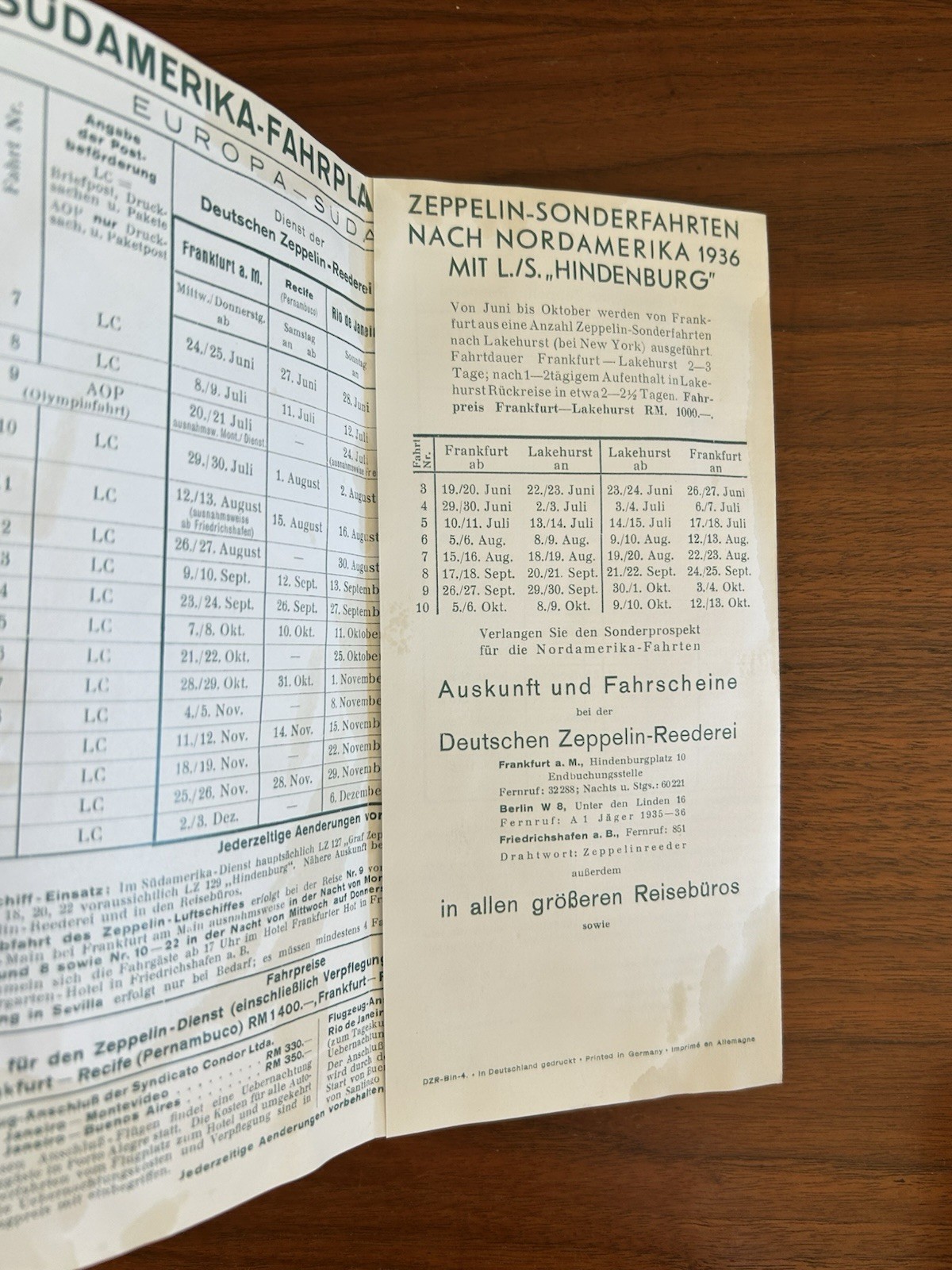 1936 Deutsche Zeppelin Reederei Fahrplan Brochure Hindenburg Schedule DZR German