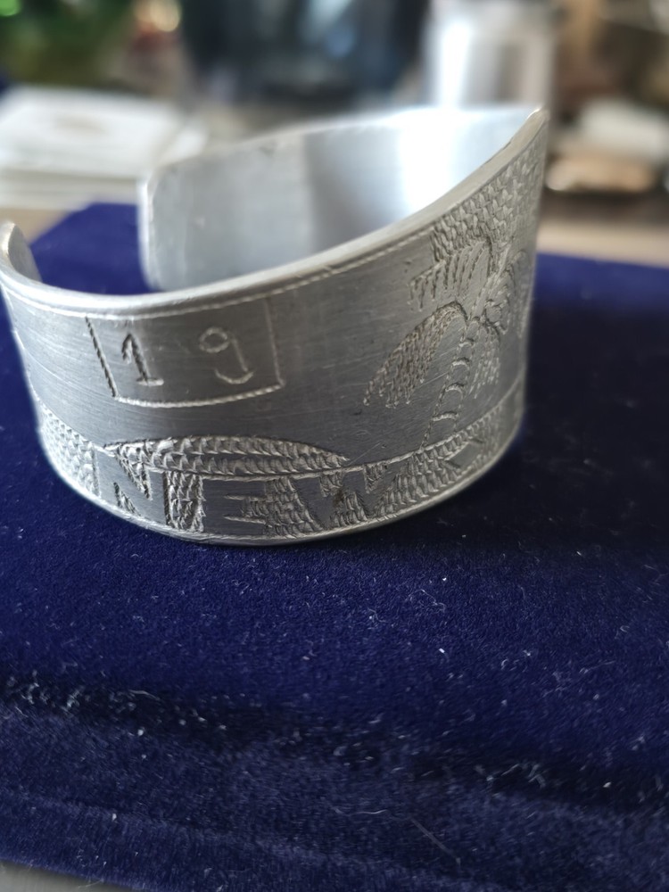 Vintage WW2 US Army Military Trench Art Engraved Decorated Metal Bracelet WWII
