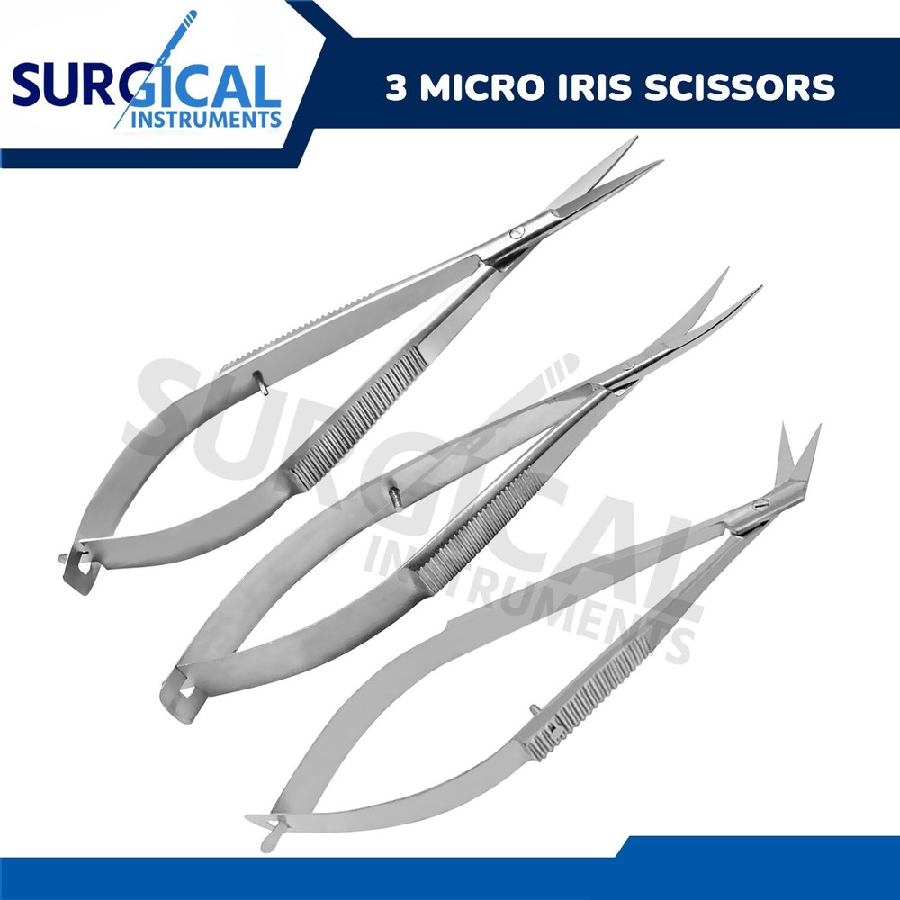 3 Pcs Micro Iris Scissors Sharp Straight Curved Angled Ophthalmic Instruments
