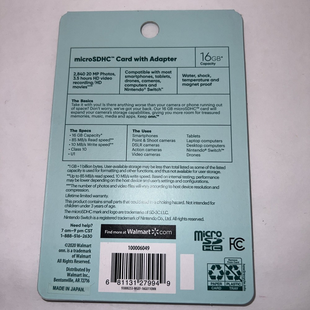 ONN. 16GB Class 10 U1 MicroSDHC Flash Memory Card with Adapter