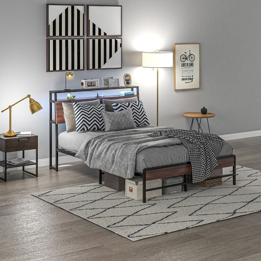 Full Size Bed Frame with Headboard, Platform Bed Frame with LED Lights