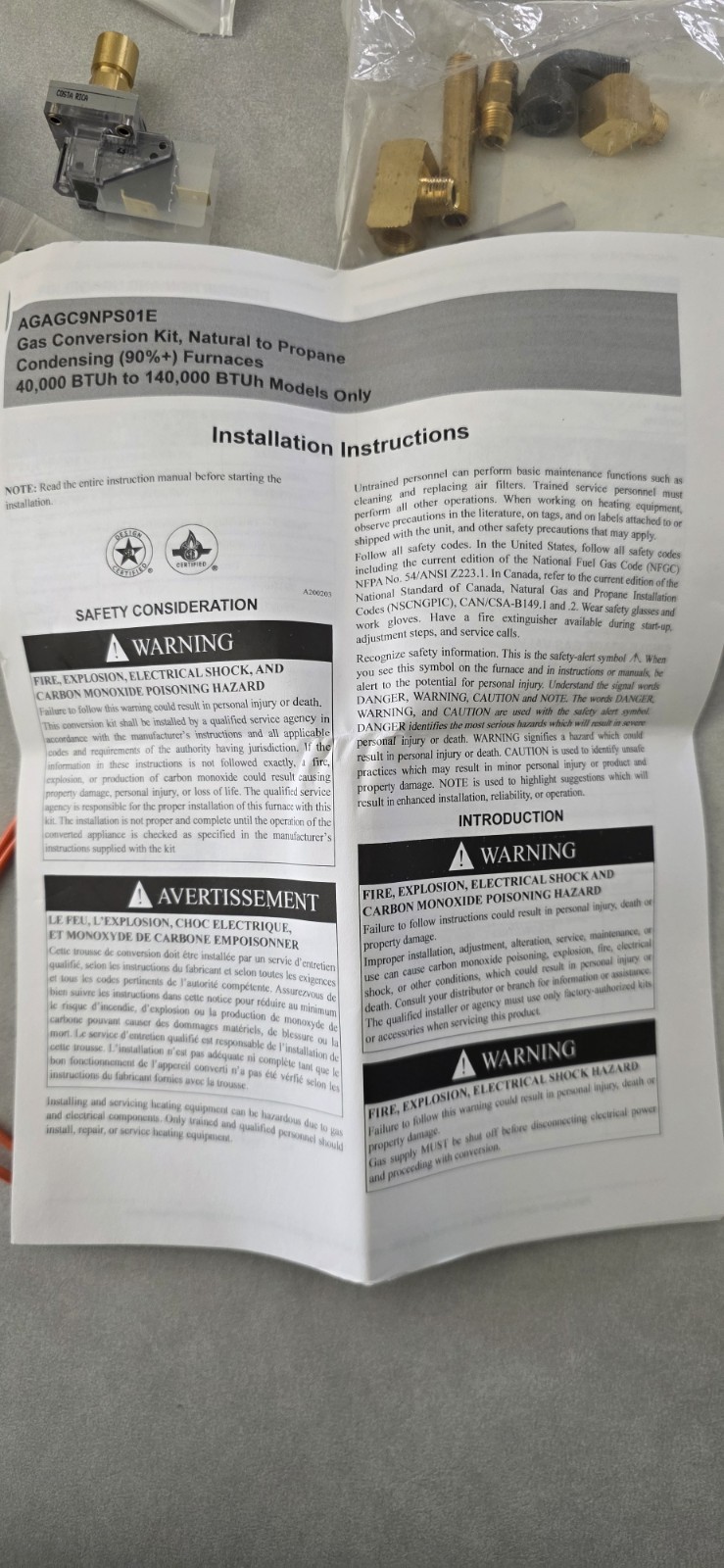 AGAGC9NPS01E Kit Gas CVRSN NATURAL to PROPANE Conversion Kit
