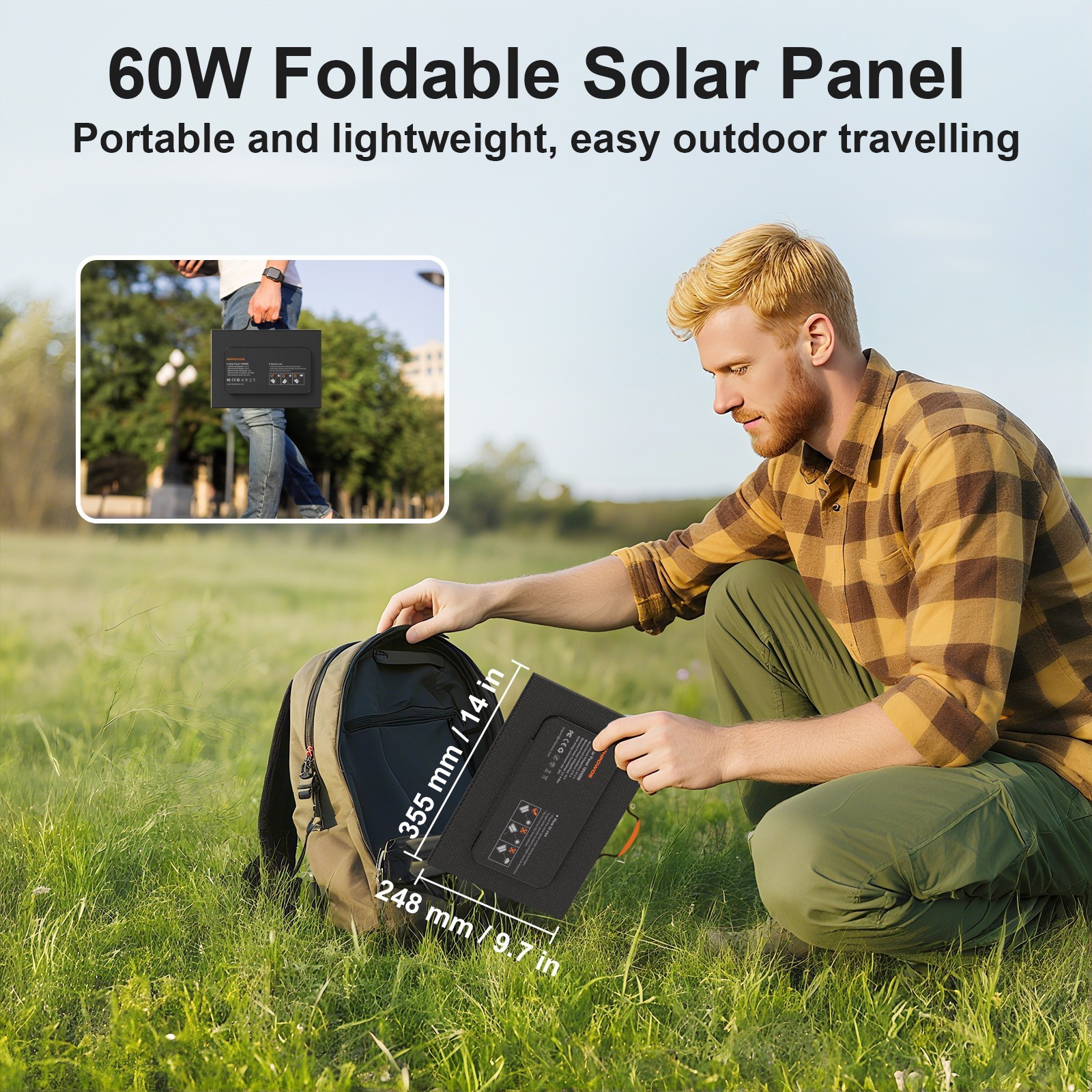 MHPOWOS 60W Foldable Camping Solar Charger with Kickstand for Power Stations