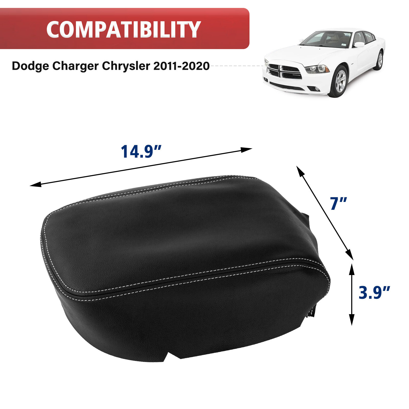 Fits 2011-2022 Chrysler 300 Leather Center Console Lid Armrest Cover Gray Stitch