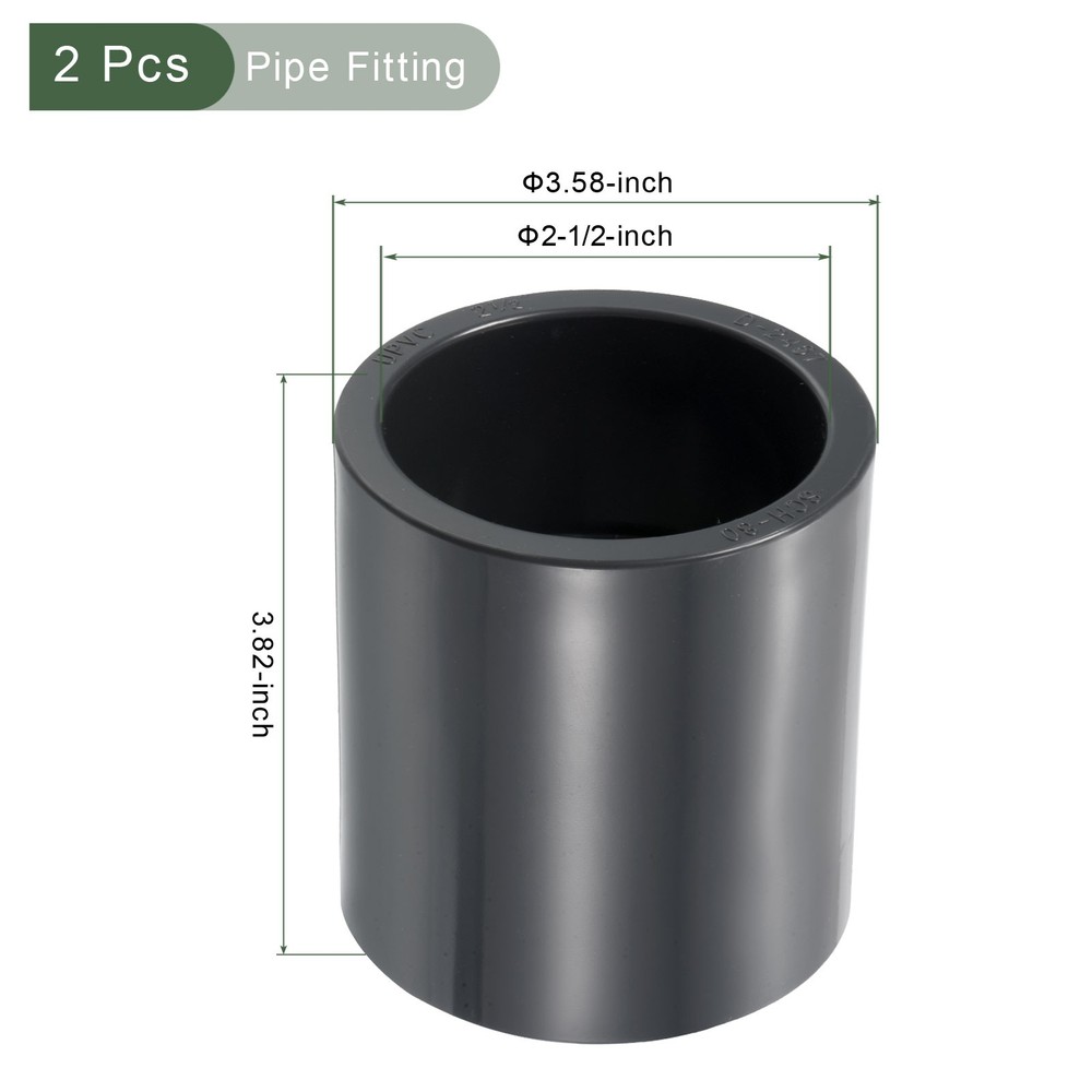 2 Pcs UPVC Fitting, Straight Adapter Connector Socket Schedule 80 (Gray, 2-1/2")