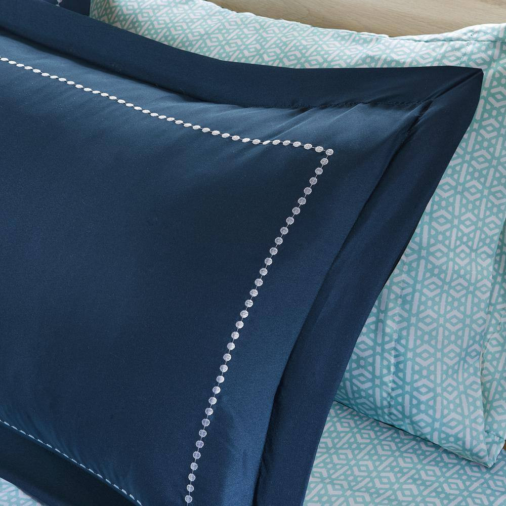 9 Piece Navy Soft Microfiber Queen Size Brush Printed Pattern Boho Comforter
