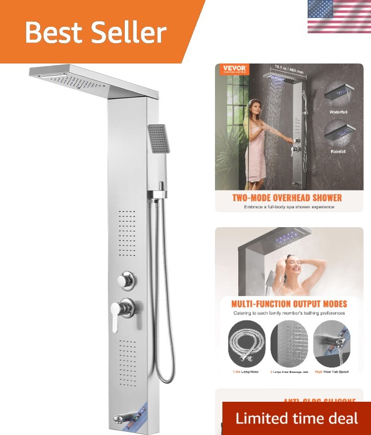 Shower Panel System, , LED Shower Panel Tower, Rainfall, Waterfall, 2 Body Ma...