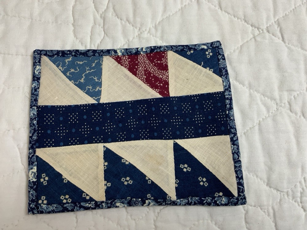 Antique Patchwork Quilt Table Topper, Early Calico Prints, Triangles, Navy, Blue