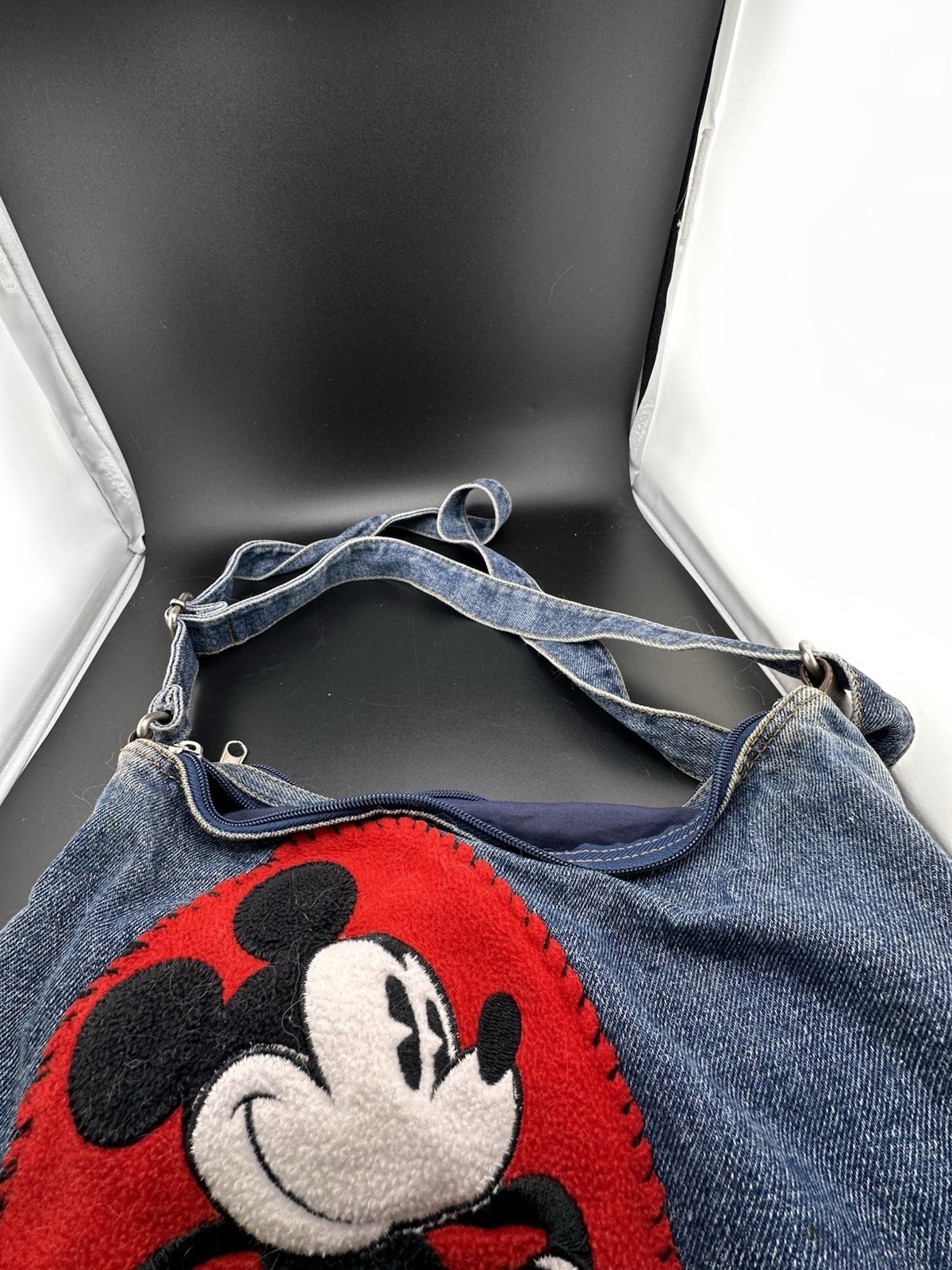 Vtg Mickey Mouse Disney 1990s Dark Denim Jean Purse Bag Patches Zippers READ