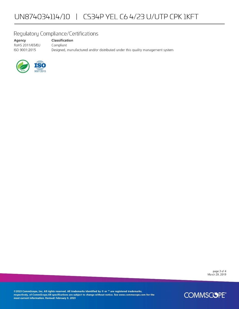 Commscope CS34P 23/4P Cat6 U/UTP WebTrak Plenum CMP Network Cable Yellow /100ft