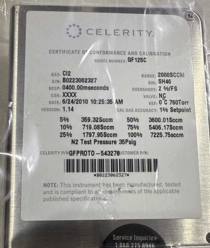 Celerity GF125 Mass Flow Controller GFCPROTO-543278 SH46 2000sccm