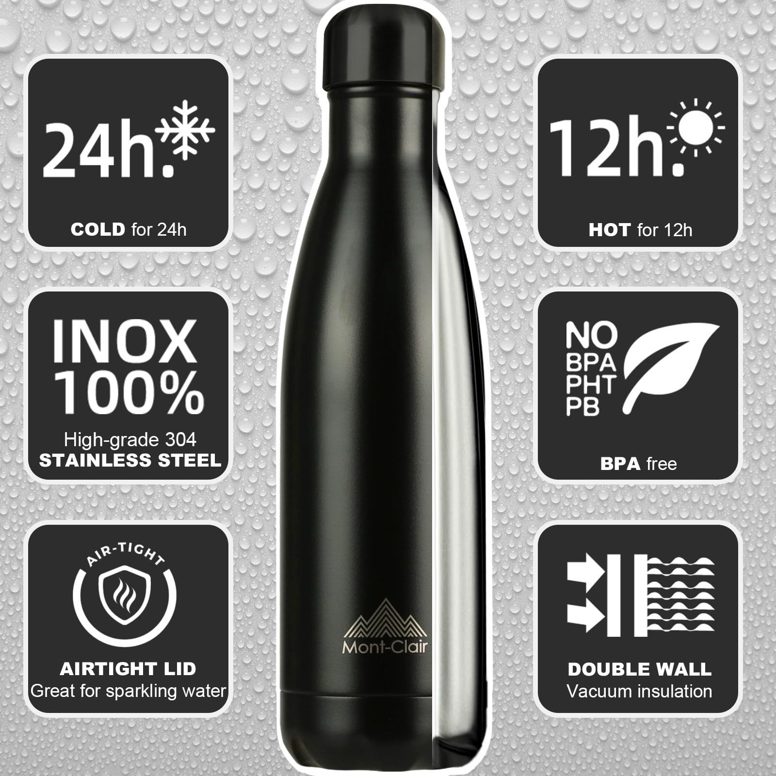 Mont-Clair l'O Stainless Steel Water Bottle, Vacuum insulated - BPA Free, 12h...