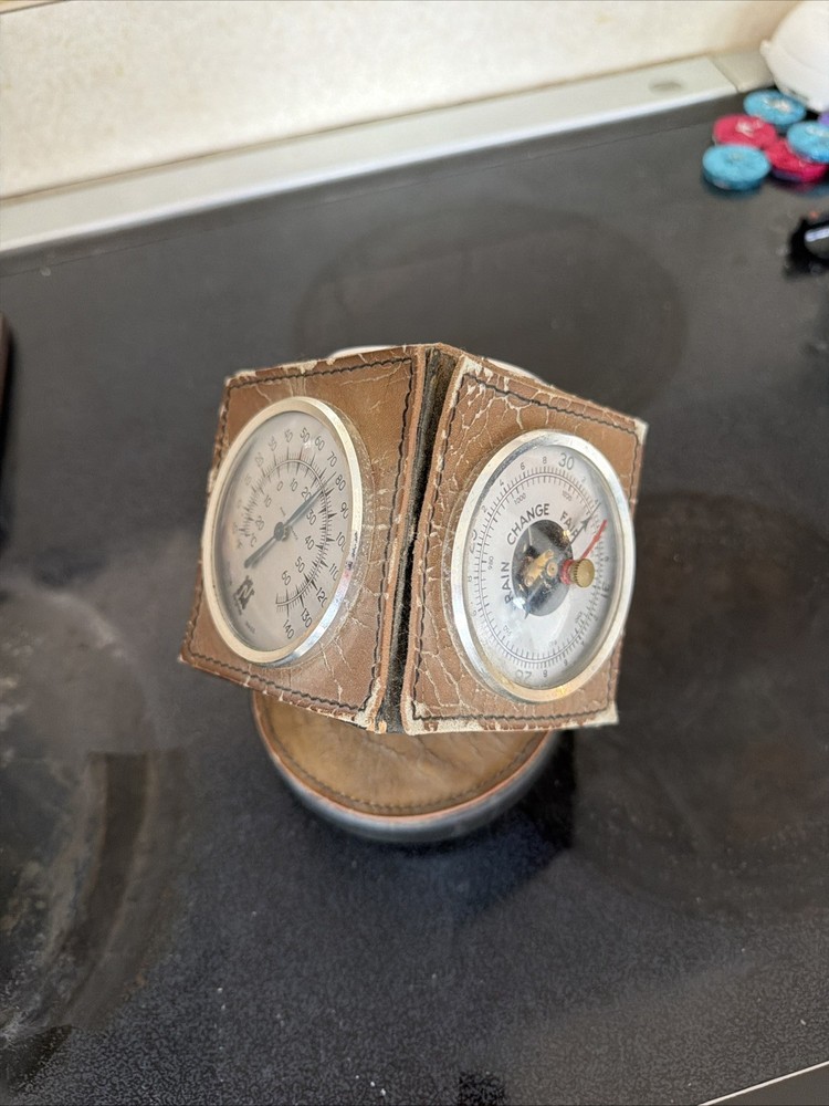 Vintage Rotating Cube Leather Weather Station