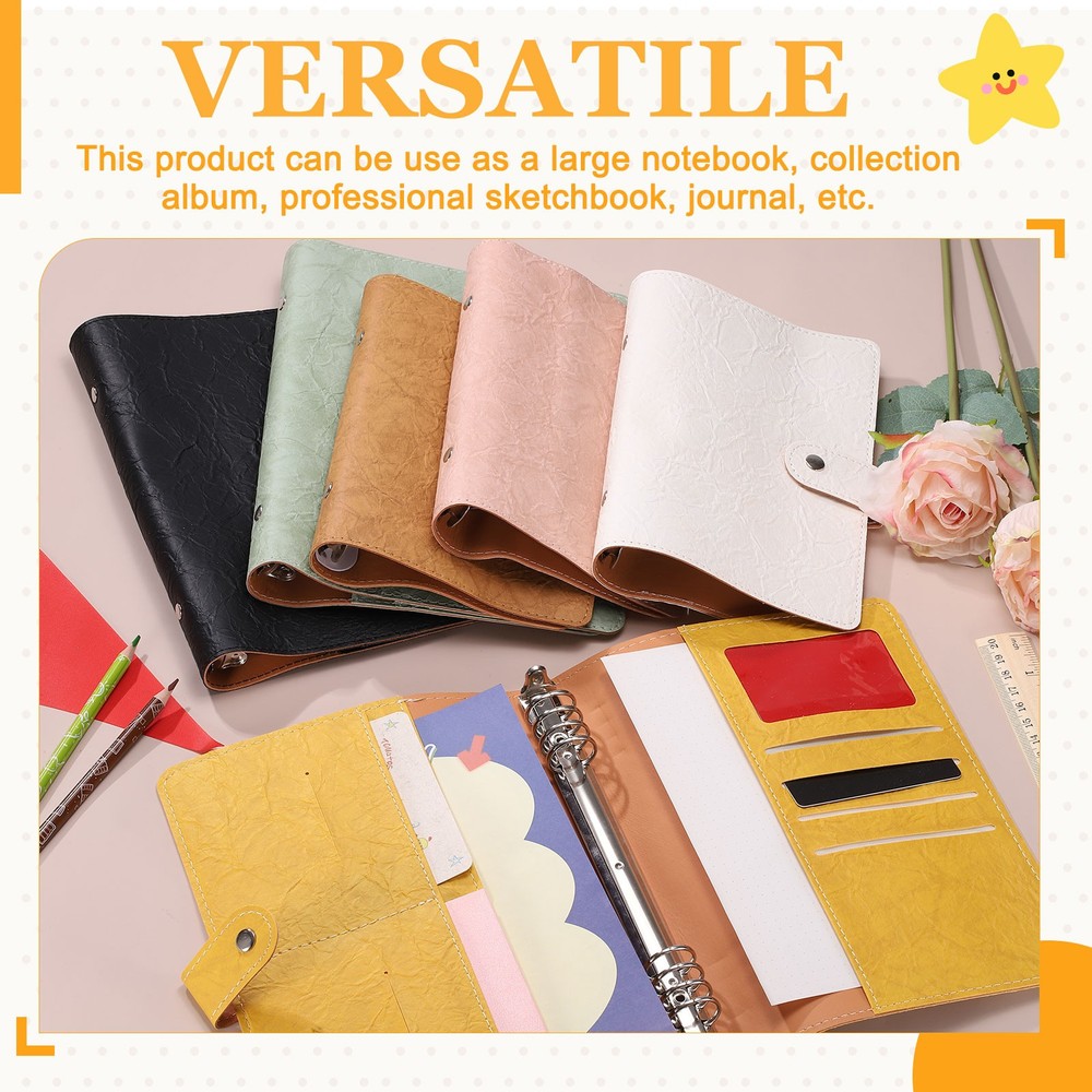 A6 Textured PU Leather Binder Protector, 6 Ring Waterproof Binder Cover, Yellow