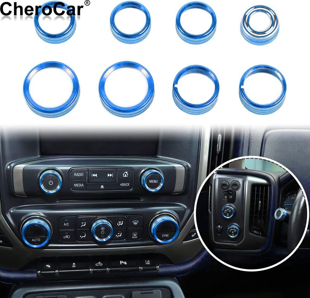 8X Center Console Radio AC Knobs Switch Button Trim for 2014-18 Chevy Silverado