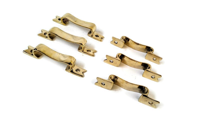 6 PULLS 4" handle heavy ribbon solid heavy brass old style kitchen GRAB 10 cm