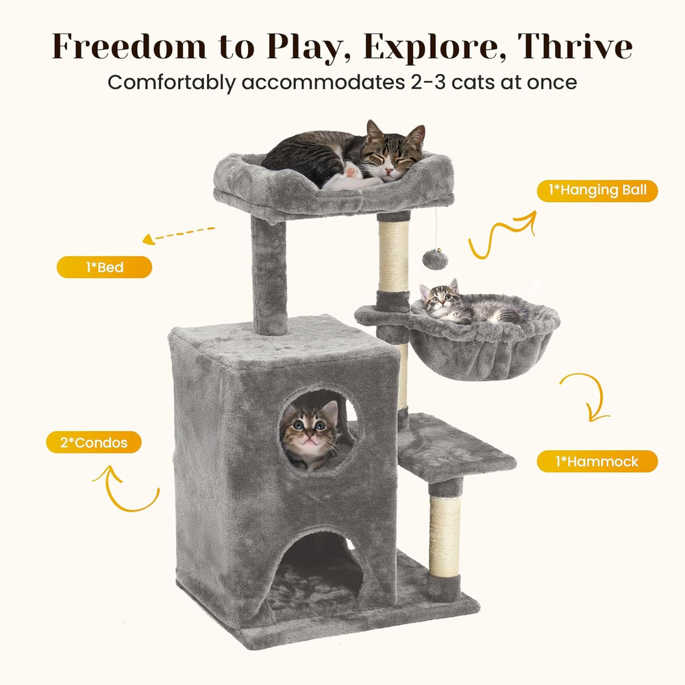 Modern Cat Tree with Scratching Posts, Cat Bed, Hammocks & Condos – Multi-Level