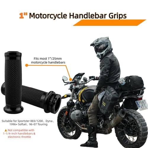 Motorcycle Black Hand Grips, 1 Inch Motorcycle Grips Cable Throttle Compatible