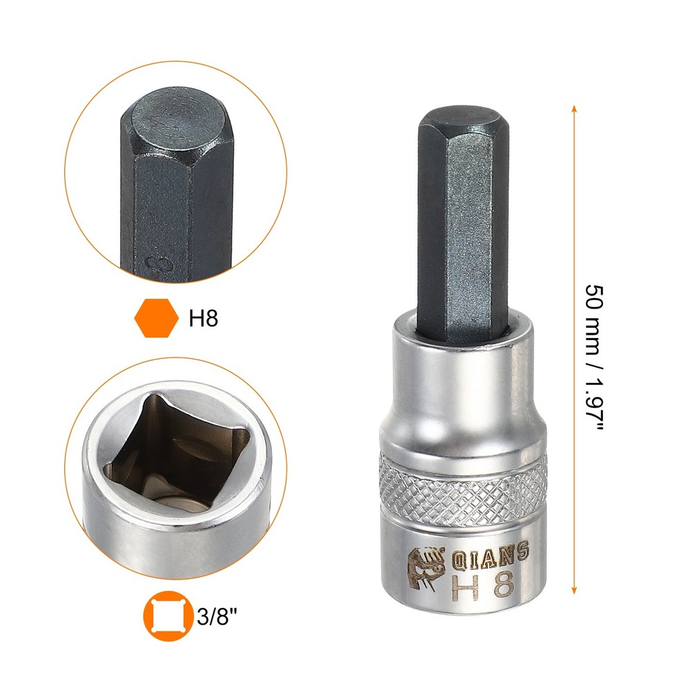 3Pcs Hex Bit Socket H8 3/8" Drive 1.97" Length S2 Steel Bit CR-V Socket