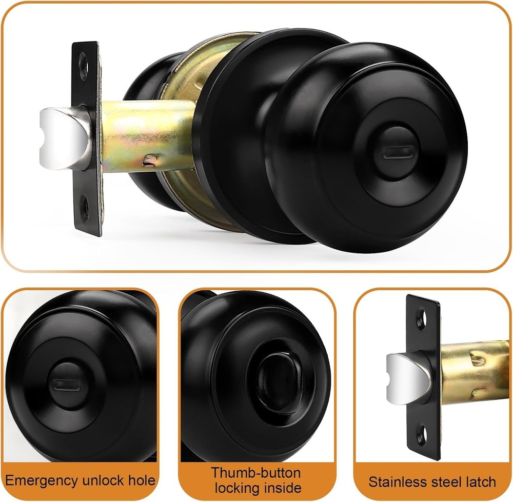 Black Bedroom Bathroom Door Knobs, Round Ball Style, 6 Pack