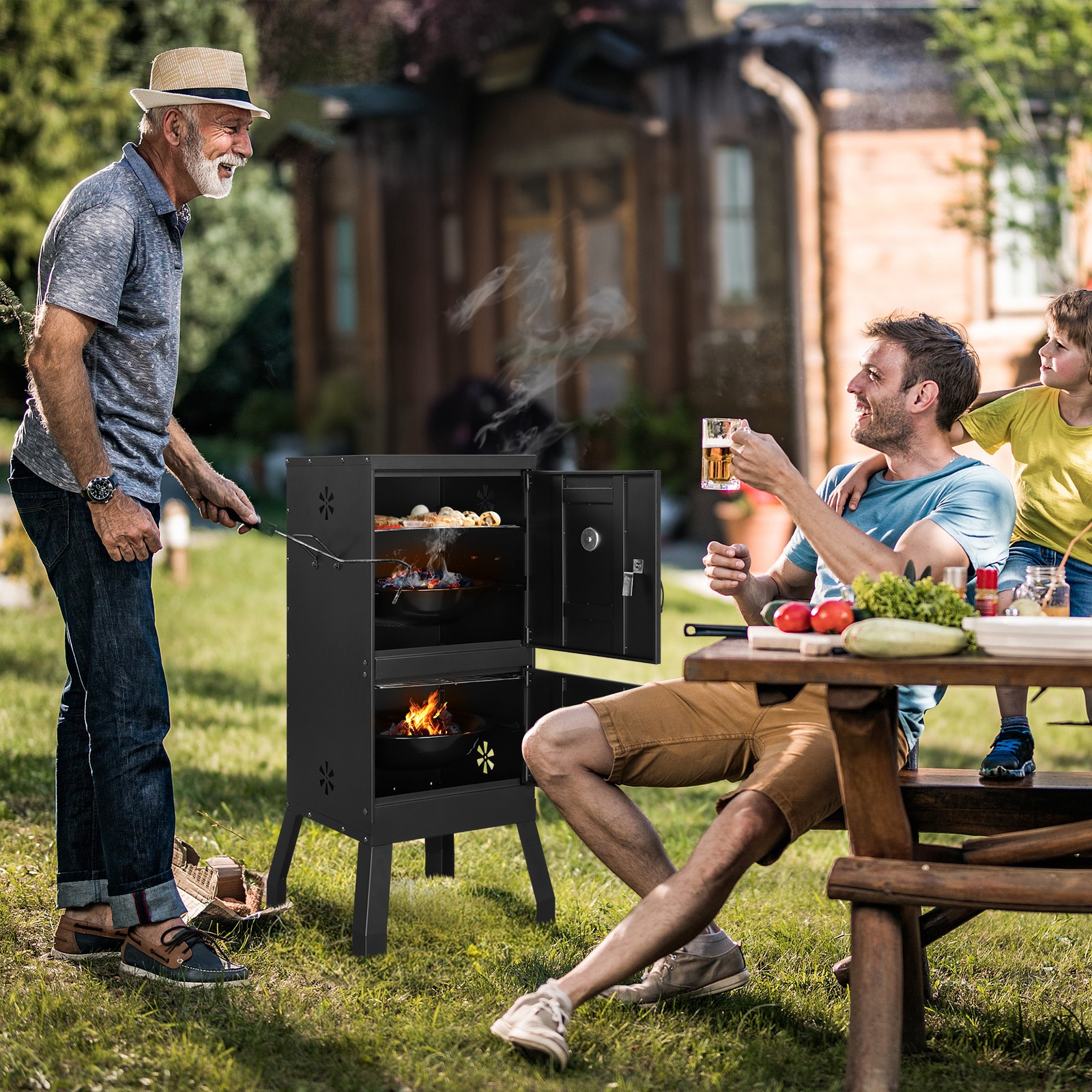 Vertical Charcoal Smoker Barbecue with Double Door Thermometer Garden Camping