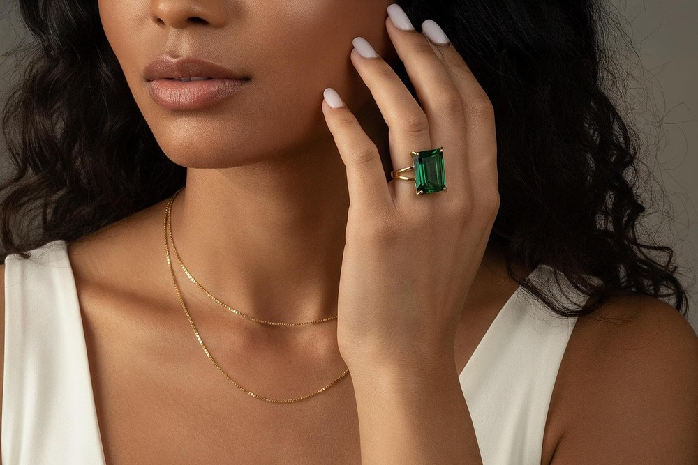 Emerald Gemstone Ring Anemone 14k Gold Rectangle Cut Double Band