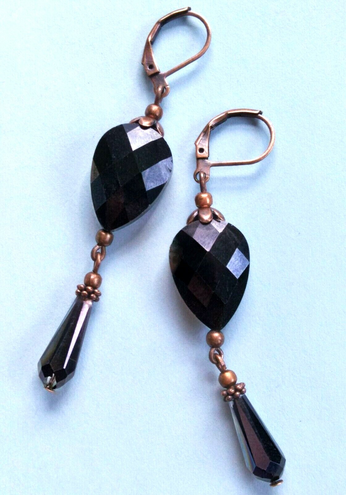 colorized BURGUNDY BLACK dangle crystal earring COPPER LEVERBACK handmade XCBA