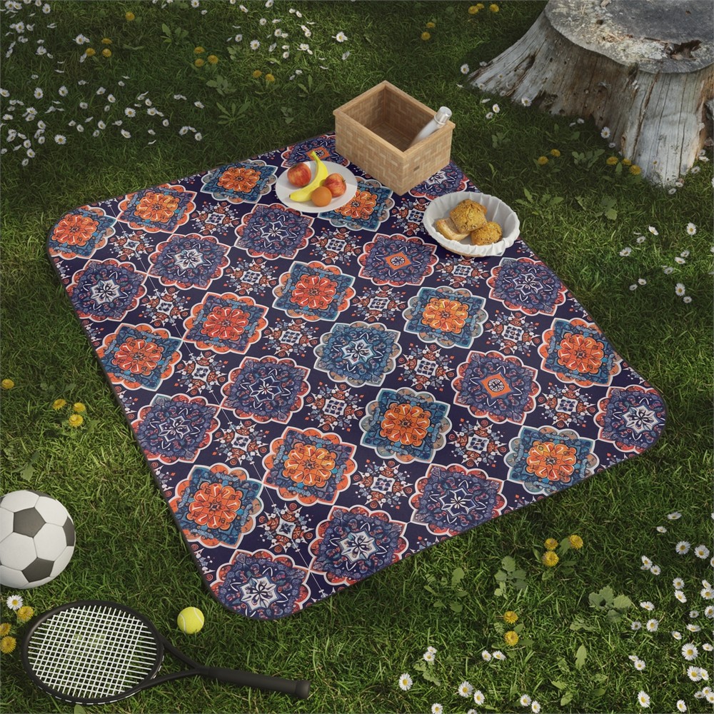 Boho Ethnic Tile Pattern 61" x 51" Polyester Fleece Picnic Blanket + Strap