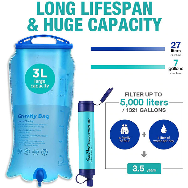 Lightweight Camping Water Filter Gravity System Backpacking Survival 3 Liter