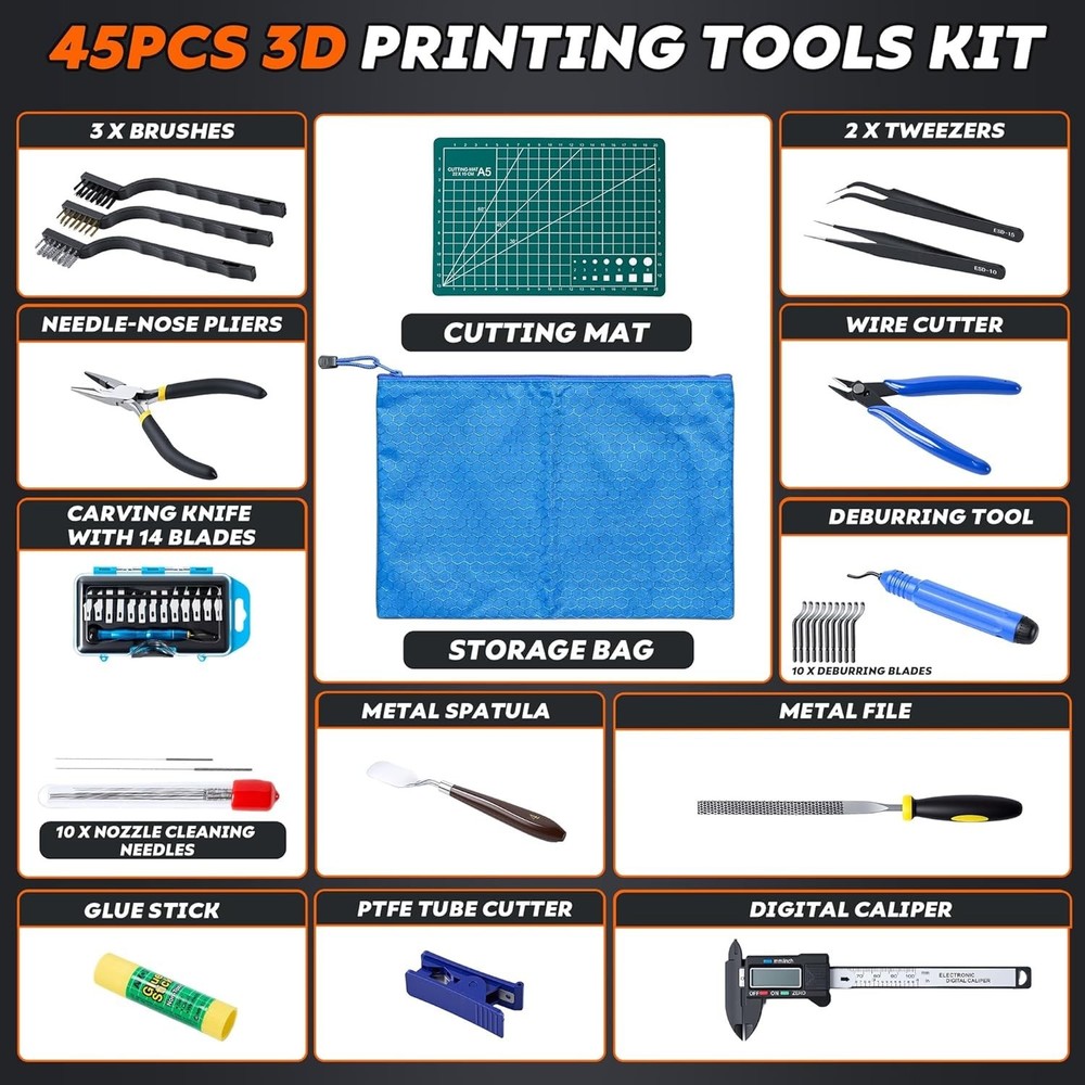 Comprehensive 3D Printing Tools Kit for Removing, Cleaning & Finishing Projects