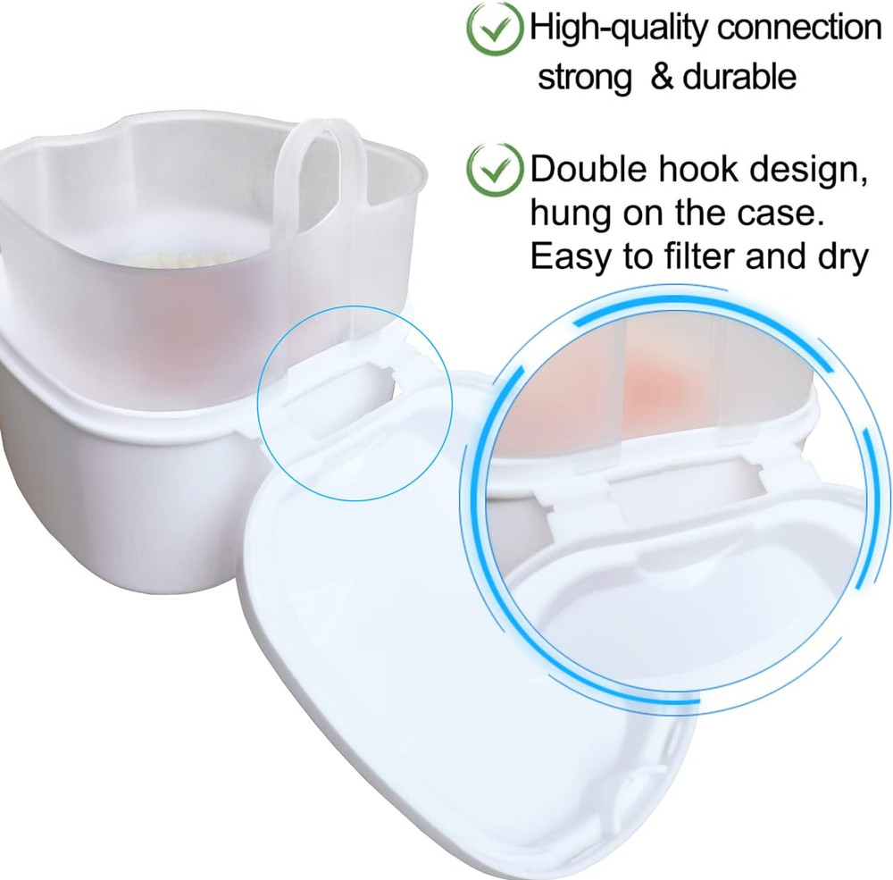 Denture Soaking Box Orthodontic Retainer Bath Case with Strainer Basket, False T